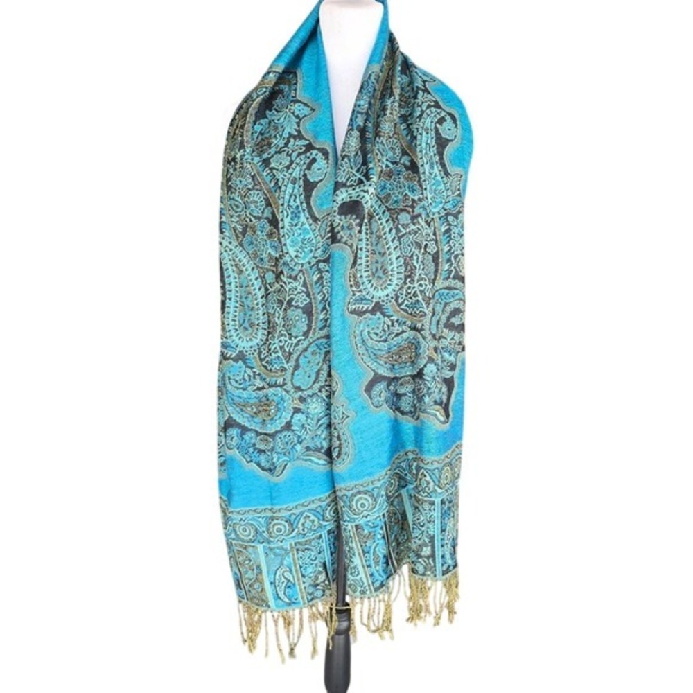 Pashmina‎ Turquoise and Gold Paisley Silk Wrap